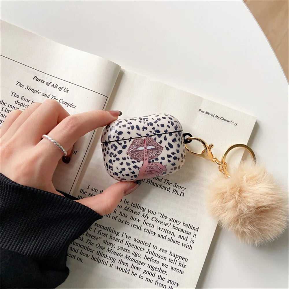 For Apple AirPods Pro Lip Leopard Pattern TPU Cover Anti-Drop Headset Case with Hair-Ball Pendant - 3