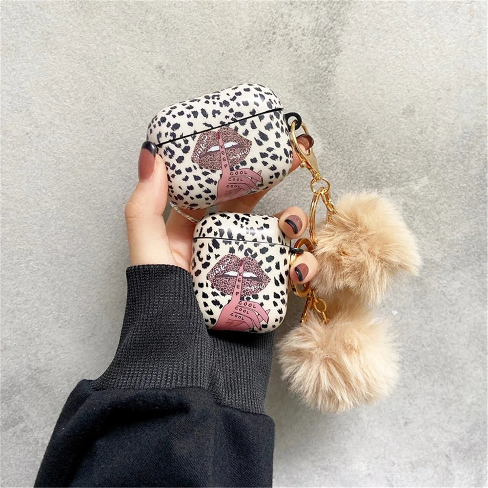For Apple AirPods Pro Lip Leopard Pattern TPU Cover Anti-Drop Headset Case with Hair-Ball Pendant - 4