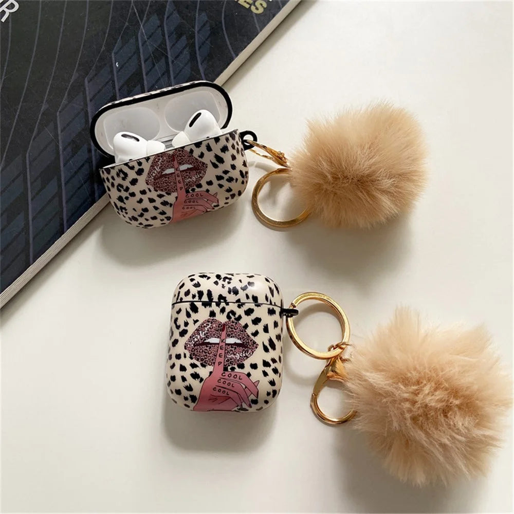 For Apple AirPods Pro Lip Leopard Pattern TPU Cover Anti-Drop Headset Case with Hair-Ball Pendant - 6