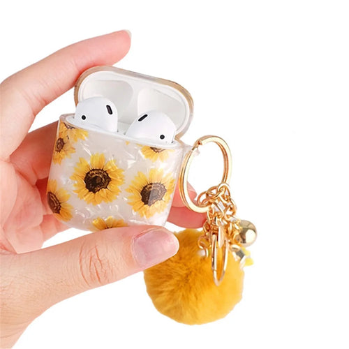 For Apple AirPods with Charging Case (2016)  /  (2019)  /  AirPods with Wireless Charging Case (2019) Shockproof TPU Cover Shell Texture Sunflower Pattern Headset Case with Hair-Ball Pendant - 1