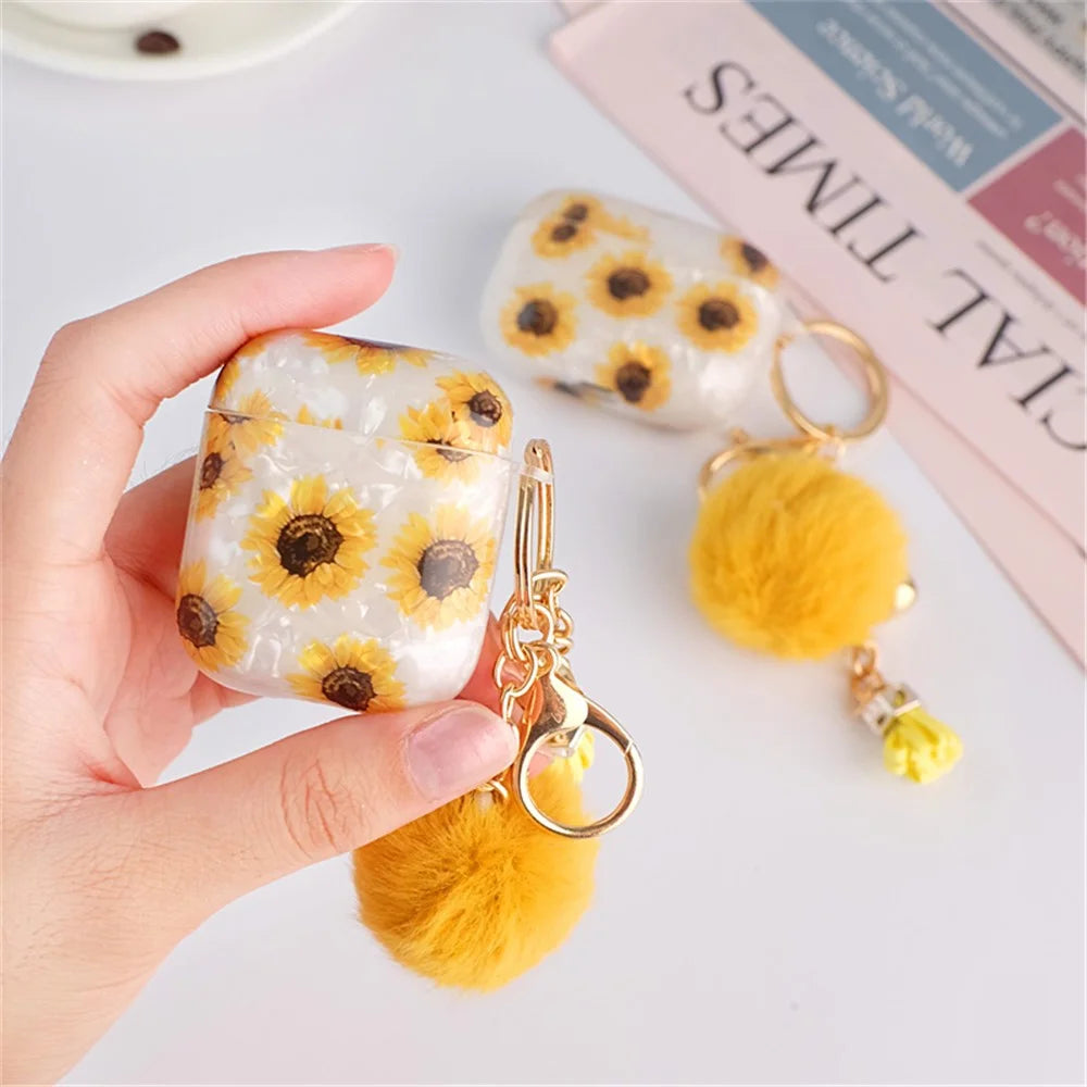 For Apple AirPods with Charging Case (2016)  /  (2019)  /  AirPods with Wireless Charging Case (2019) Shockproof TPU Cover Shell Texture Sunflower Pattern Headset Case with Hair-Ball Pendant - 2