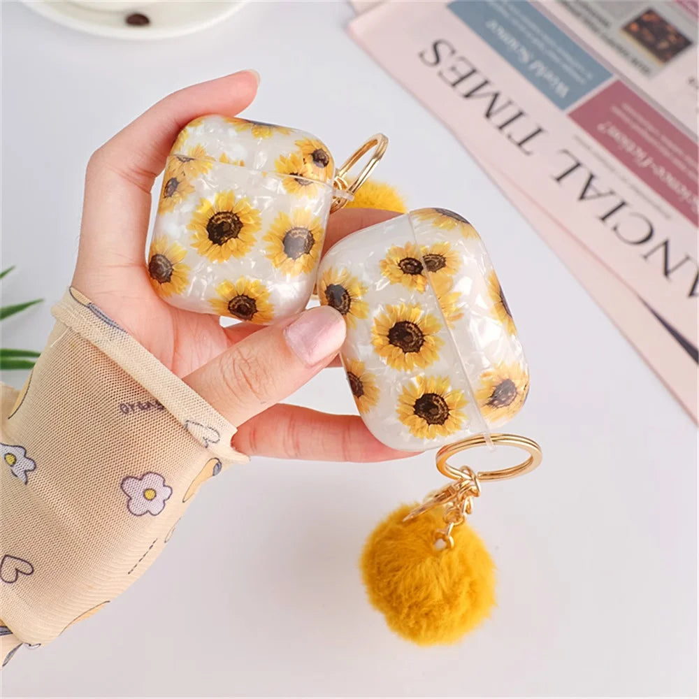 For Apple AirPods with Charging Case (2016)  /  (2019)  /  AirPods with Wireless Charging Case (2019) Shockproof TPU Cover Shell Texture Sunflower Pattern Headset Case with Hair-Ball Pendant - 4