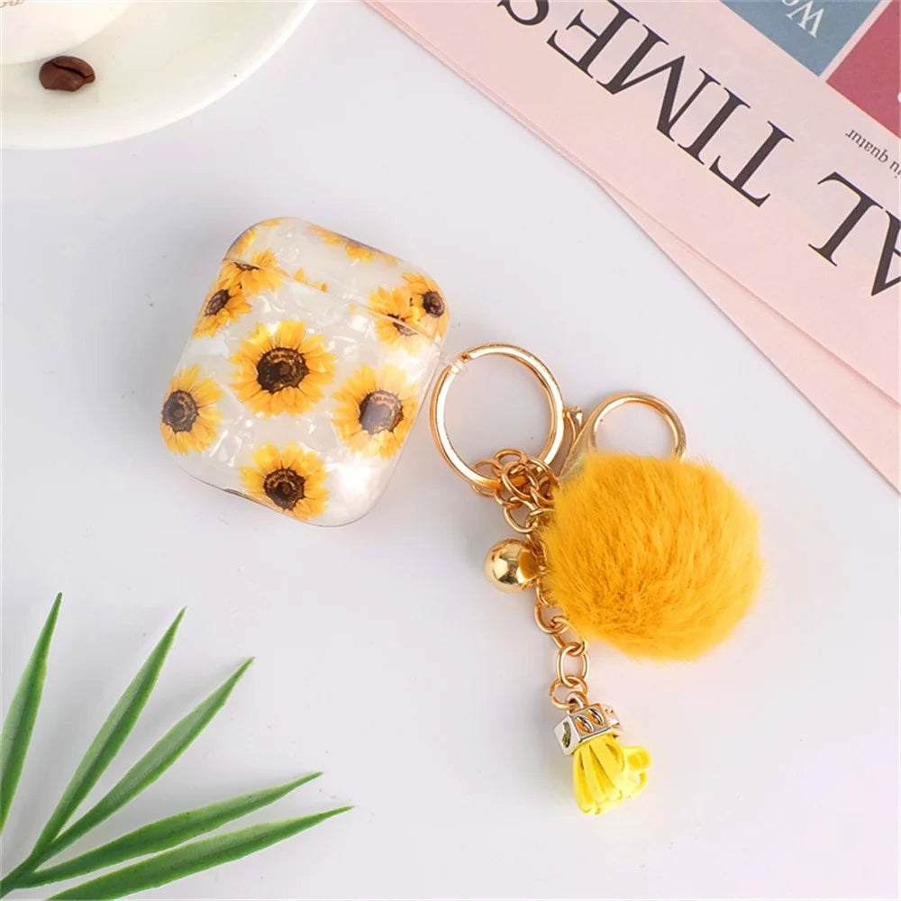 For Apple AirPods with Charging Case (2016)  /  (2019)  /  AirPods with Wireless Charging Case (2019) Shockproof TPU Cover Shell Texture Sunflower Pattern Headset Case with Hair-Ball Pendant - 6