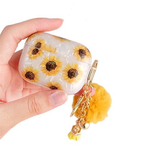 Protective TPU Cover for Apple AirPods Pro, Shell Texture Sunflower Pattern Earbuds Case with Hair-Ball Pendant - 1