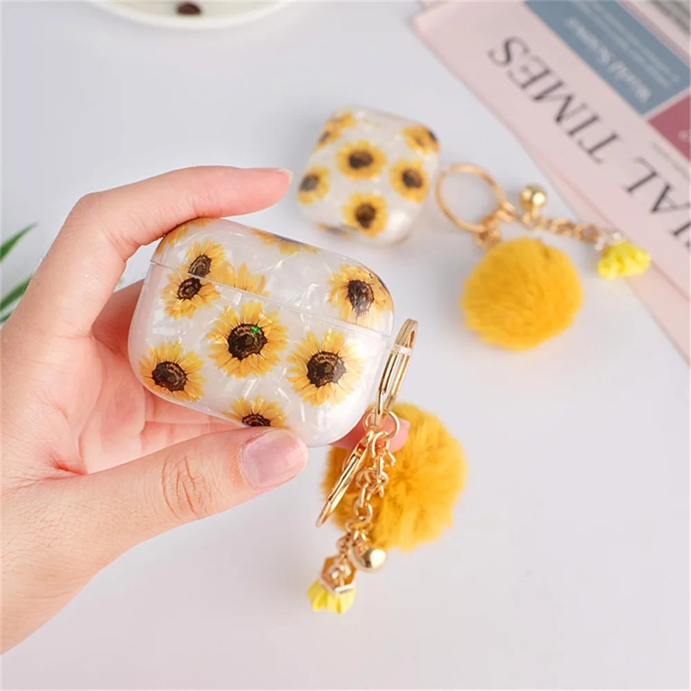 Protective TPU Cover for Apple AirPods Pro, Shell Texture Sunflower Pattern Earbuds Case with Hair-Ball Pendant - 3