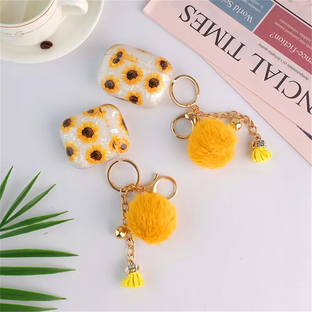 Protective TPU Cover for Apple AirPods Pro, Shell Texture Sunflower Pattern Earbuds Case with Hair-Ball Pendant - 5