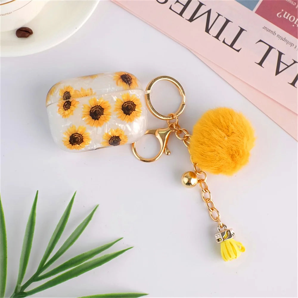 Protective TPU Cover for Apple AirPods Pro, Shell Texture Sunflower Pattern Earbuds Case with Hair-Ball Pendant - 6