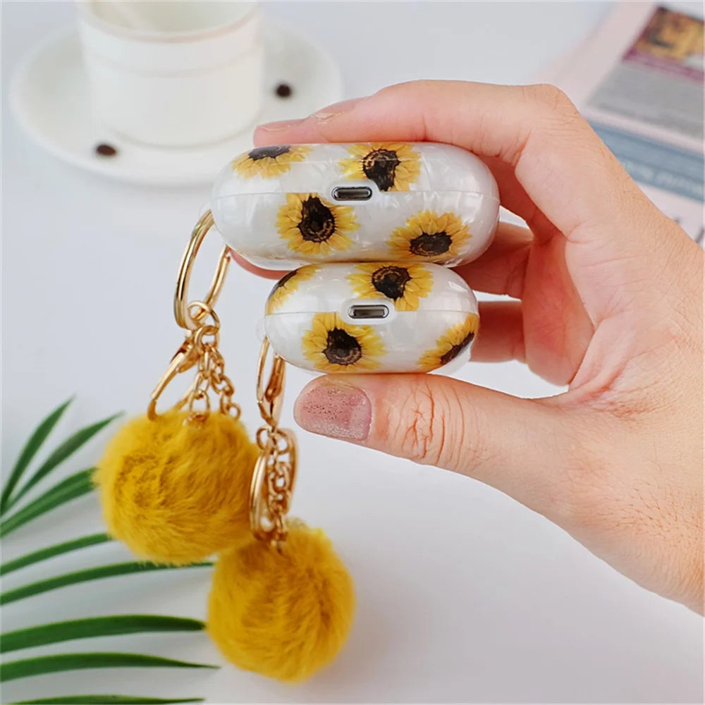 Protective TPU Cover for Apple AirPods Pro, Shell Texture Sunflower Pattern Earbuds Case with Hair-Ball Pendant - 7