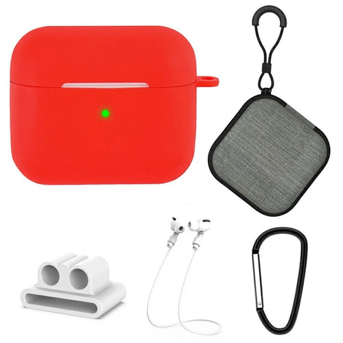 5Pcs / Set For Apple AirPods 3 Portable Protective Case Set Earbuds Soft Silicone Protector Kit with Keychain / Earphone Holder / Anti-lost Neck Strap / Storage Case - Red - 1
