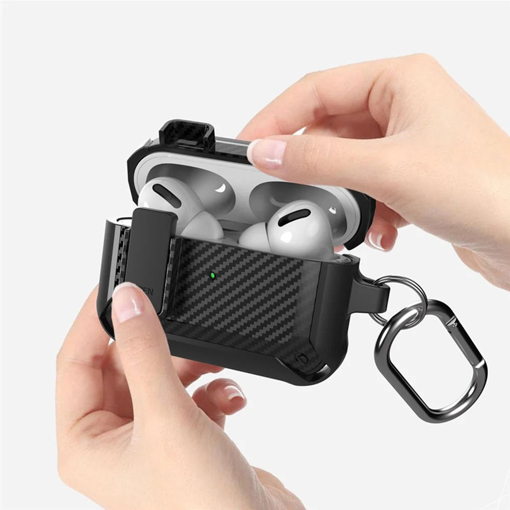 For AirPods Pro 2 Carbon Fiber Texture Shockproof Case TPU+PC Protective Cover with Buckle - Black - 2