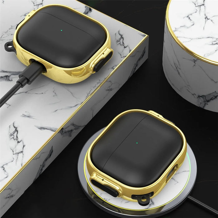 For Apple AirPods 3 Charging Case Cover Anti-Drop TPU+PC Electroplating Case Bluetooth-compatible Earbuds Protector with Dual Side Lock / Ring Buckle - Rose Gold / Green - 6