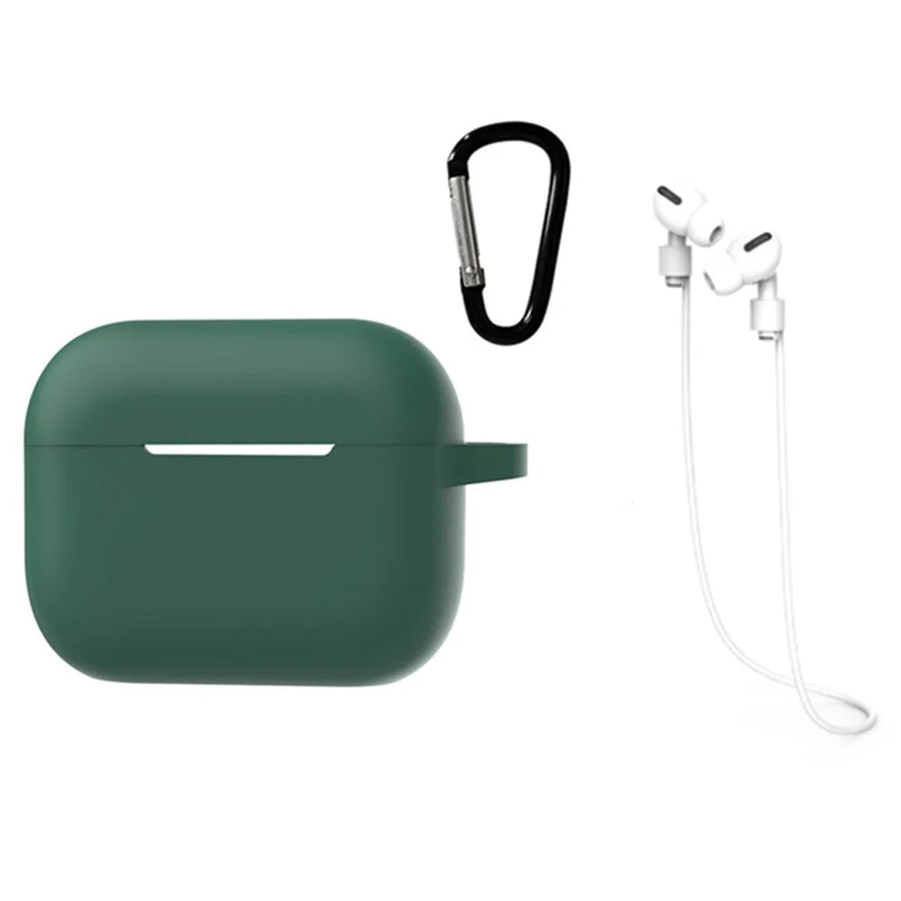 3 in 1 For Apple AirPods Pro 2 Portable Protective Case Set Earbuds Soft Silicone Protector Kit with Keychain  /  Anti-lost Neck Strap - Midnight Green - 1
