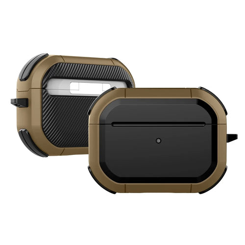 ZJ86 Thunder Armor Protection Case for Apple AirPods Pro 2 Earphone Charging Box, Hard PC+TPU Earbuds Cover with Hanging Ring - Black / Dark Brown - 1