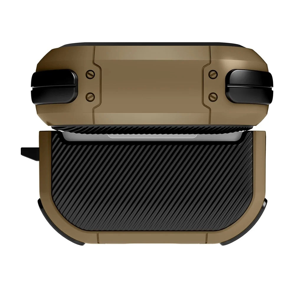 ZJ86 Thunder Armor Protection Case for Apple AirPods Pro 2 Earphone Charging Box, Hard PC+TPU Earbuds Cover with Hanging Ring - Black / Dark Brown - 2