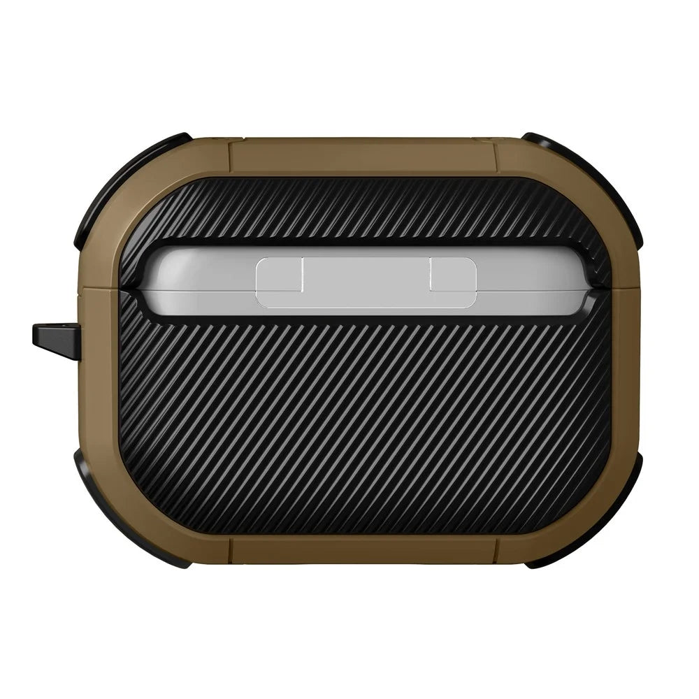 ZJ86 Thunder Armor Protection Case for Apple AirPods Pro 2 Earphone Charging Box, Hard PC+TPU Earbuds Cover with Hanging Ring - Black / Dark Brown - 3