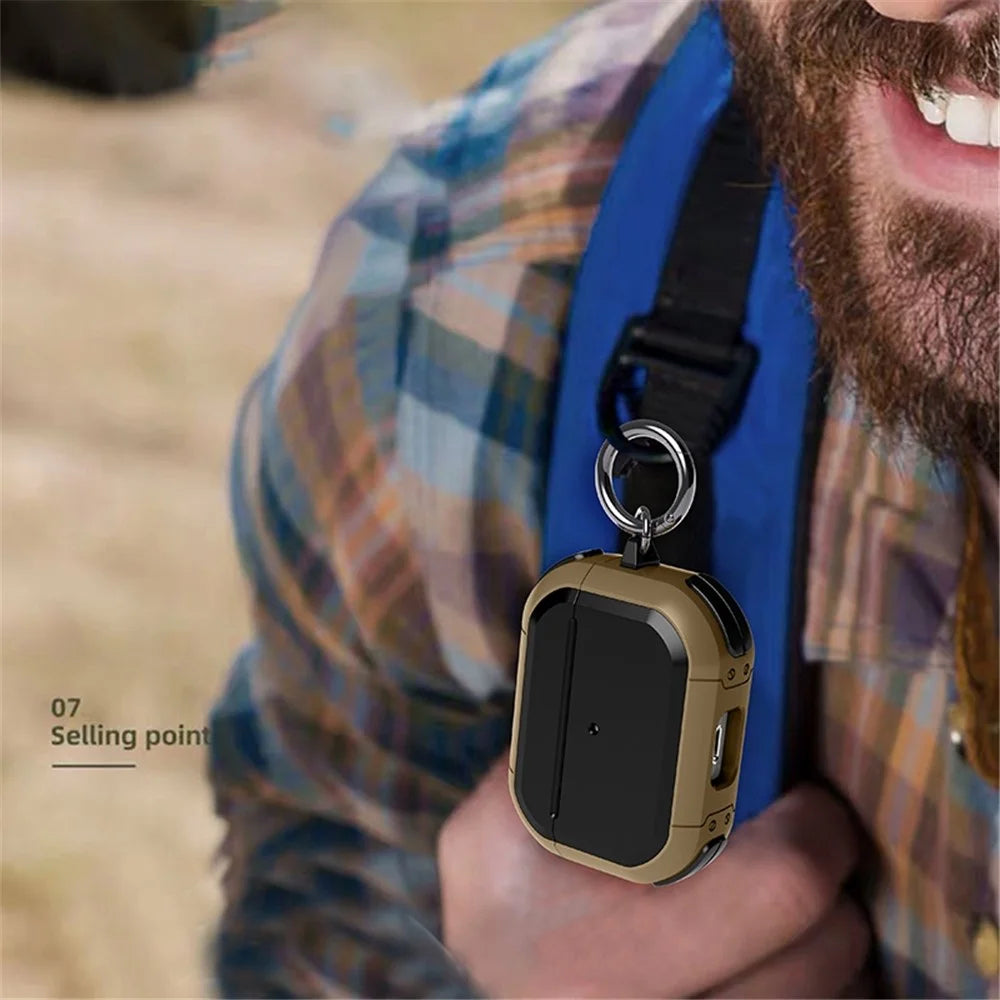 ZJ86 Thunder Armor Protection Case for Apple AirPods Pro 2 Earphone Charging Box, Hard PC+TPU Earbuds Cover with Hanging Ring - Black / Dark Brown - 4