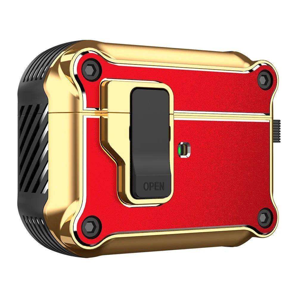 For Apple AirPods Pro Charging Case Cover Bluetooth-compatible Earbuds Shockproof Case TPU+PC + Hardware Protective Cover with Auto Opening Lock - Red - 1