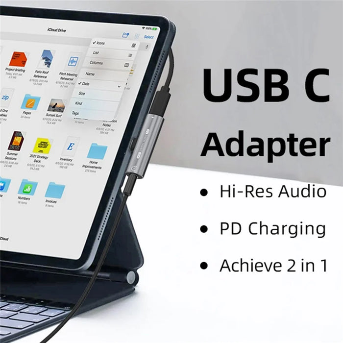 Type-C Male to Type-C + 3.5mm Female Jack Converter PD 27W Charging Earphone Audio Adapter for Laptop Tablet Phone - Dark Grey - 3