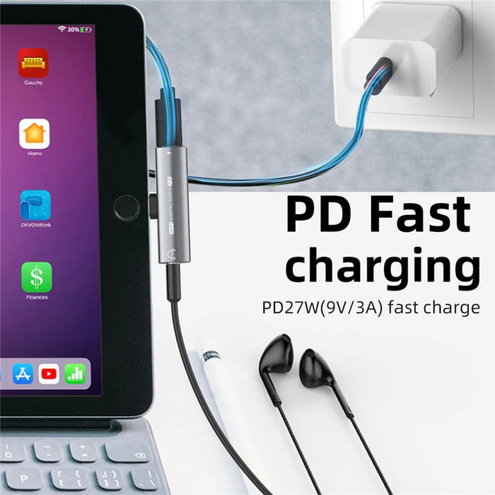 Type-C Male to Type-C + 3.5mm Female Jack Converter PD 27W Charging Earphone Audio Adapter for Laptop Tablet Phone - Dark Grey - 4