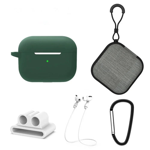 5 in 1 For Apple AirPods Pro 2 Charging Case Cover Headset Silicone Case Protector Set with Earbuds Holder / Anti-lost Neck Strap / Buckle - Midnight Green - 1