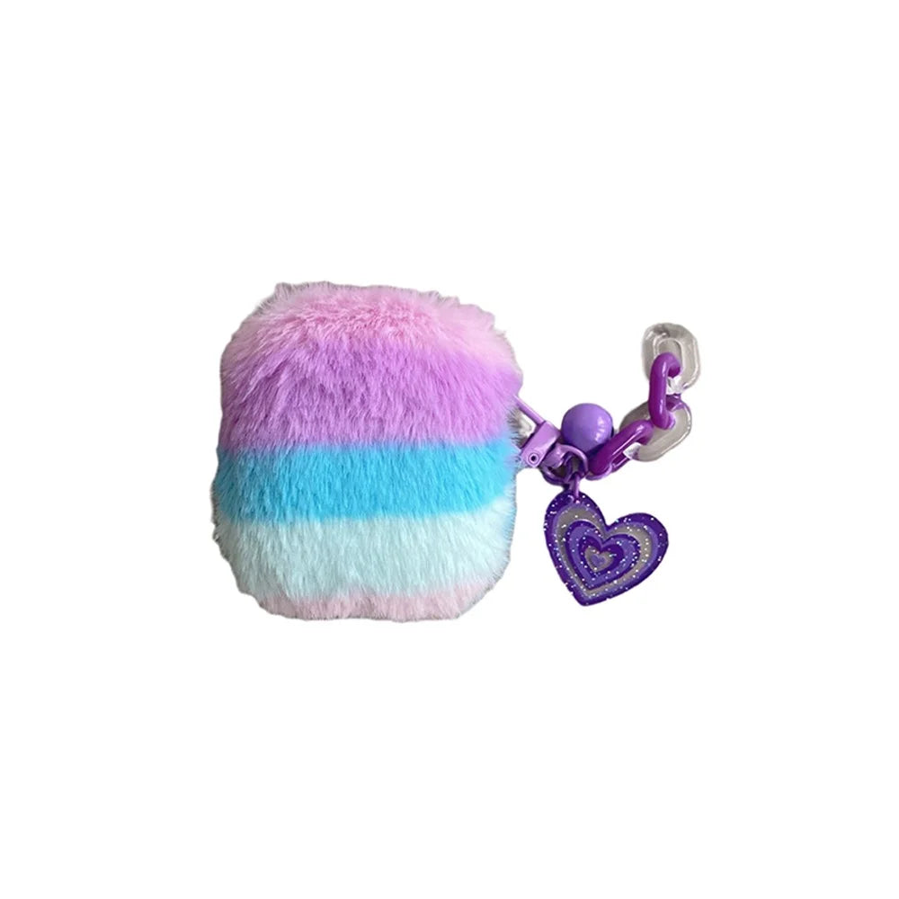 For AirPods with Charging Case (2016) / (2019) / AirPods with Wireless Charging Case (2019) Color Splicing Stylish Plush Earphone Case Winter Protective Cover with Heart Pendant - Purple / Blue - 1