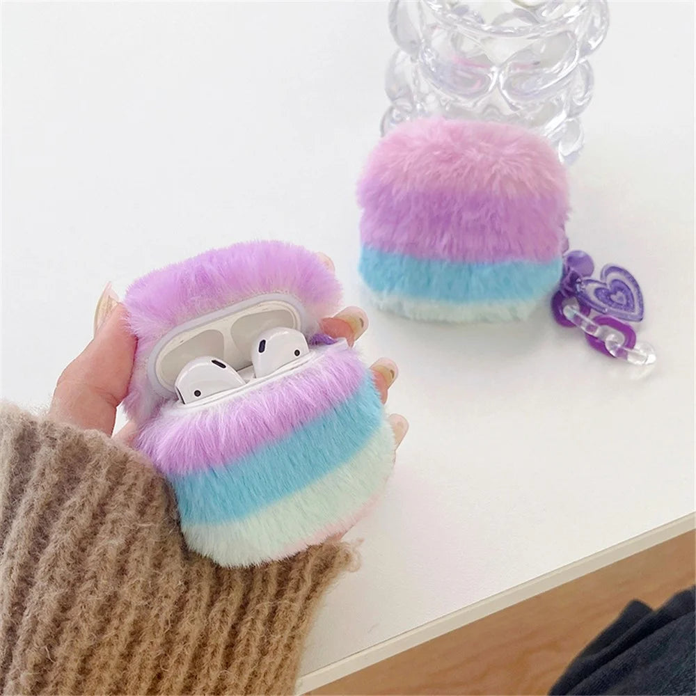 For AirPods with Charging Case (2016) / (2019) / AirPods with Wireless Charging Case (2019) Color Splicing Stylish Plush Earphone Case Winter Protective Cover with Heart Pendant - Purple / Blue - 4