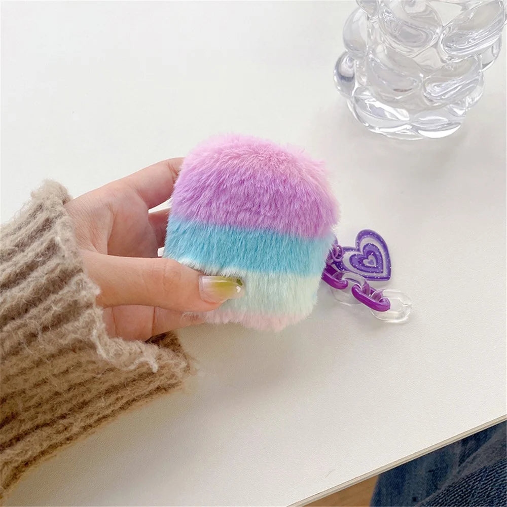 For AirPods with Charging Case (2016) / (2019) / AirPods with Wireless Charging Case (2019) Color Splicing Stylish Plush Earphone Case Winter Protective Cover with Heart Pendant - Purple / Blue - 5