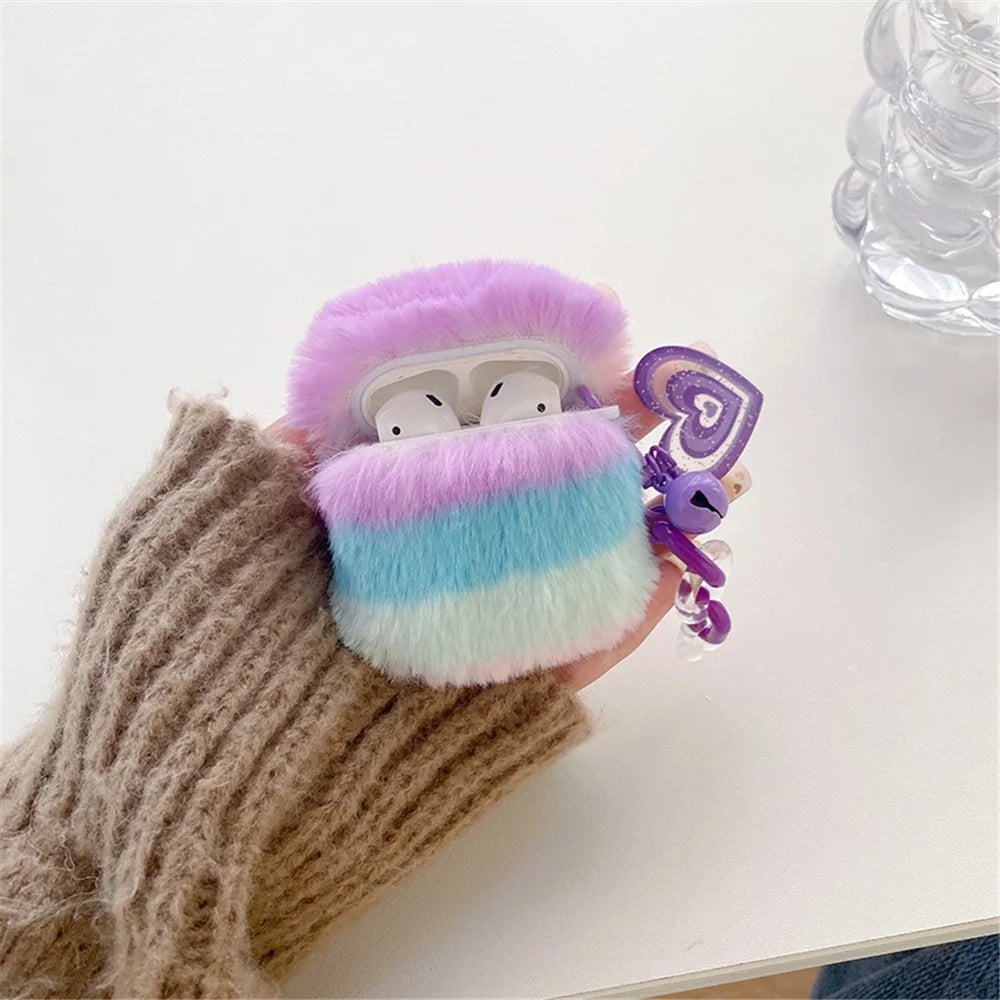 For AirPods with Charging Case (2016) / (2019) / AirPods with Wireless Charging Case (2019) Color Splicing Stylish Plush Earphone Case Winter Protective Cover with Heart Pendant - Purple / Blue - 6