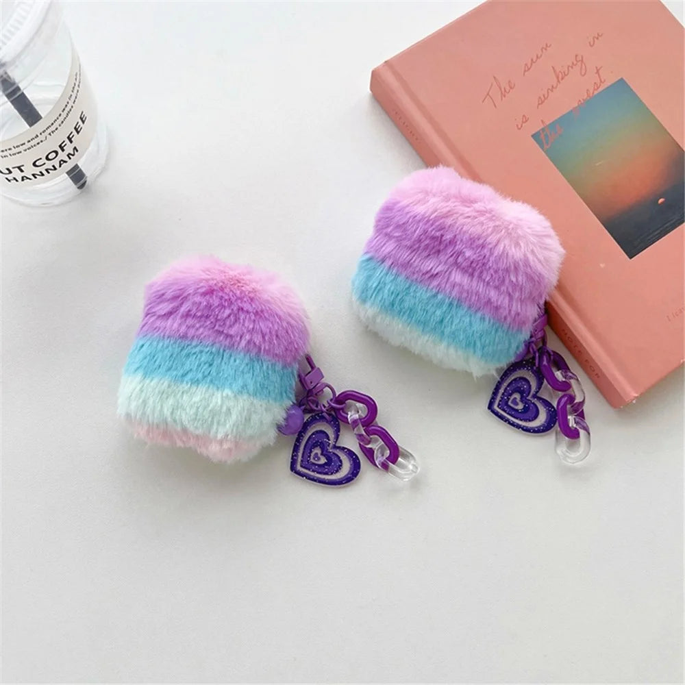 For AirPods with Charging Case (2016) / (2019) / AirPods with Wireless Charging Case (2019) Color Splicing Stylish Plush Earphone Case Winter Protective Cover with Heart Pendant - Purple / Blue - 7