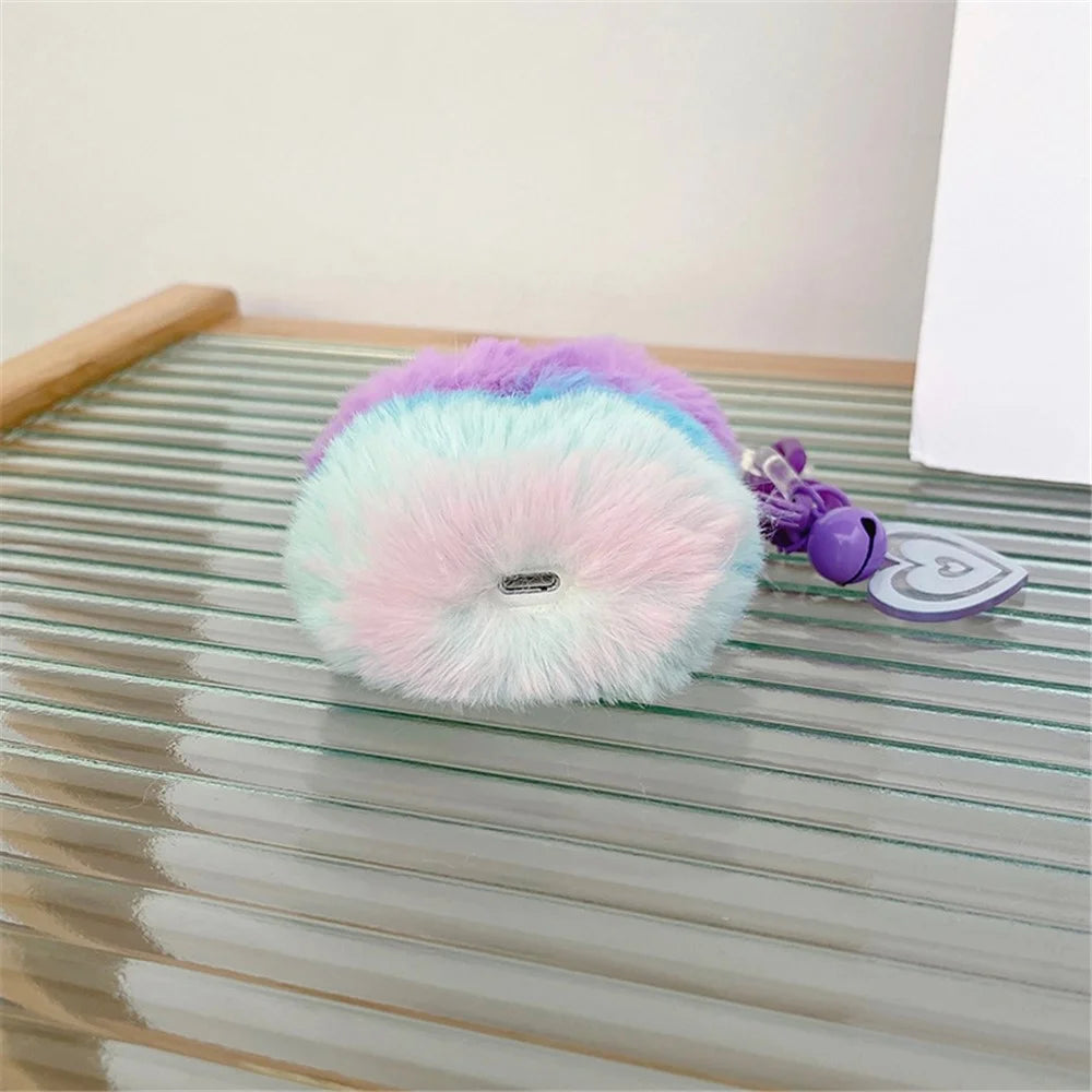 For Apple AirPods 3 Color Splicing Soft Plush Bluetooth-compatible Earphone Case Anti-drop Protective Cover with Heart Pendant - Purple / Blue - 2