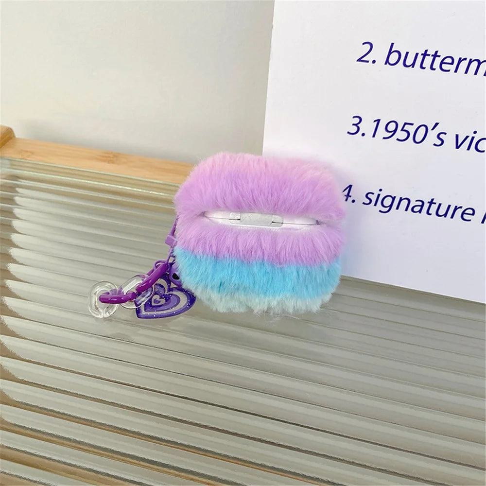 For Apple AirPods 3 Color Splicing Soft Plush Bluetooth-compatible Earphone Case Anti-drop Protective Cover with Heart Pendant - Purple / Blue - 3