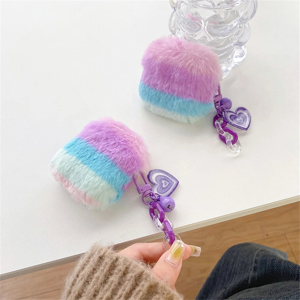 For Apple AirPods 3 Color Splicing Soft Plush Bluetooth-compatible Earphone Case Anti-drop Protective Cover with Heart Pendant - Purple / Blue - 4
