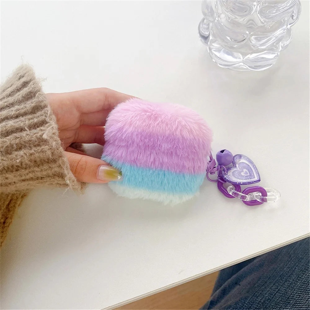 For Apple AirPods 3 Color Splicing Soft Plush Bluetooth-compatible Earphone Case Anti-drop Protective Cover with Heart Pendant - Purple / Blue - 5
