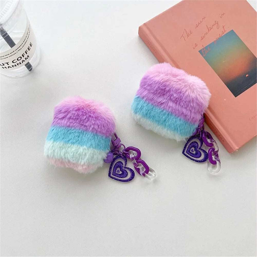For Apple AirPods 3 Color Splicing Soft Plush Bluetooth-compatible Earphone Case Anti-drop Protective Cover with Heart Pendant - Purple / Blue - 6