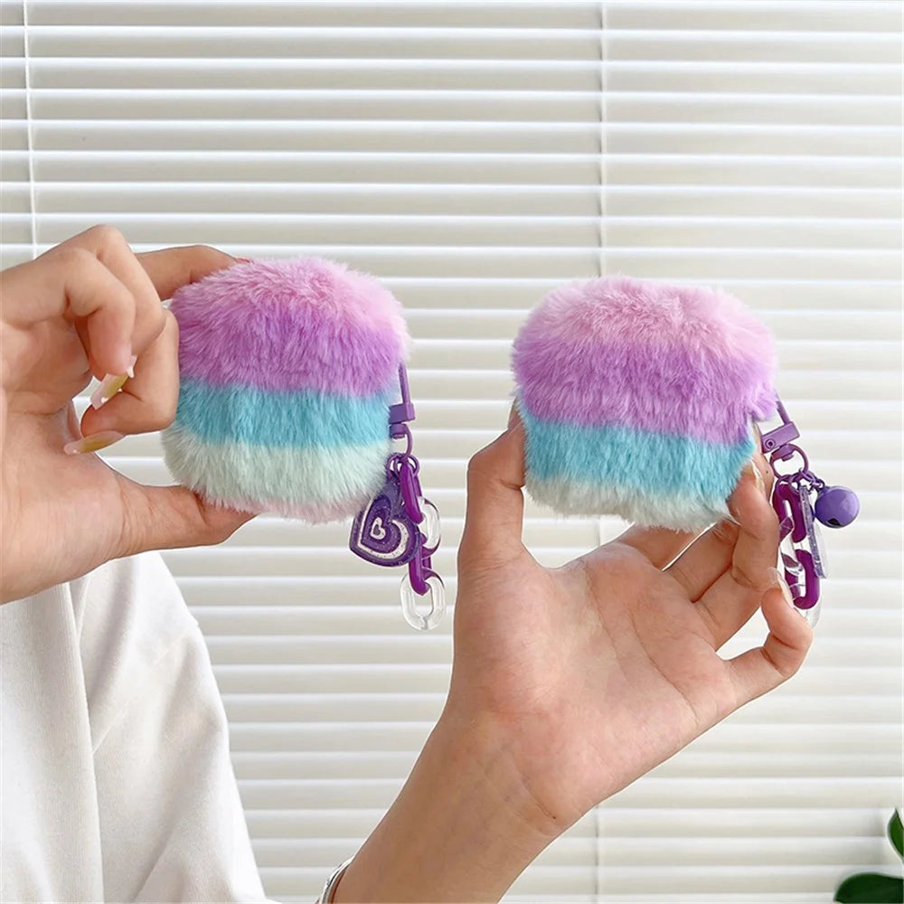For Apple AirPods 3 Color Splicing Soft Plush Bluetooth-compatible Earphone Case Anti-drop Protective Cover with Heart Pendant - Purple / Blue - 7
