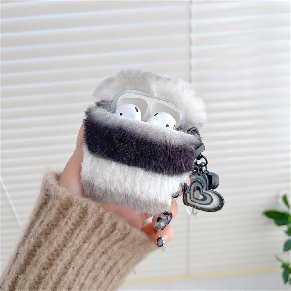 For AirPods with Charging Case (2016) / (2019) / AirPods with Wireless Charging Case (2019) Cute Plush Splicing Earphone Case Protective Cover with Heart Pendant - Black / White - 3