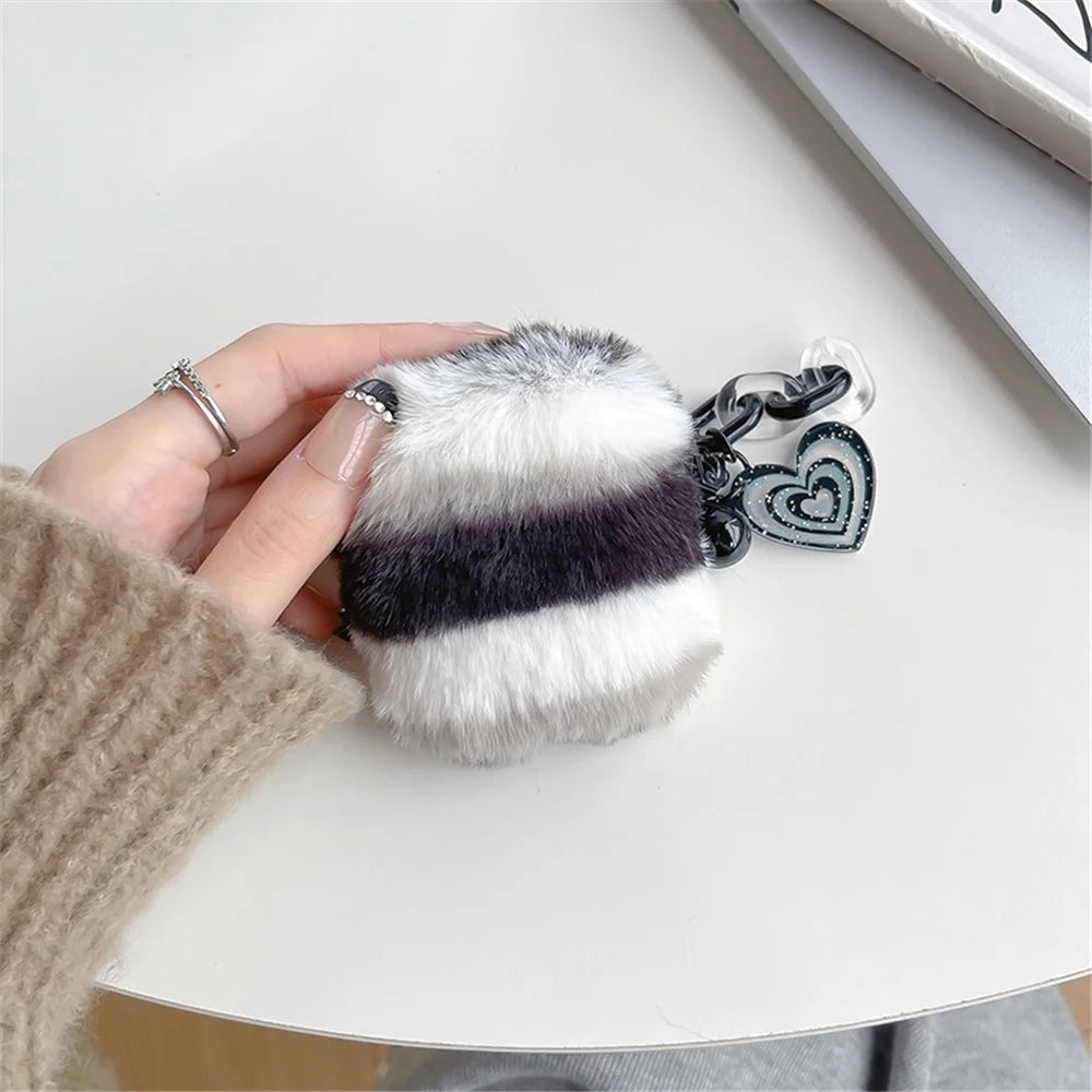 For AirPods with Charging Case (2016) / (2019) / AirPods with Wireless Charging Case (2019) Cute Plush Splicing Earphone Case Protective Cover with Heart Pendant - Black / White - 4