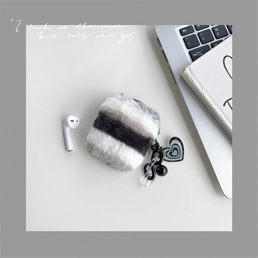 For AirPods with Charging Case (2016) / (2019) / AirPods with Wireless Charging Case (2019) Cute Plush Splicing Earphone Case Protective Cover with Heart Pendant - Black / White - 6