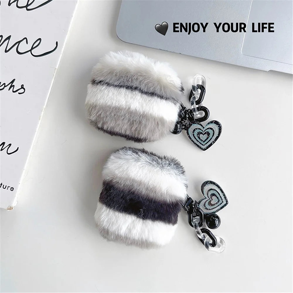 For AirPods with Charging Case (2016) / (2019) / AirPods with Wireless Charging Case (2019) Cute Plush Splicing Earphone Case Protective Cover with Heart Pendant - Black / White - 7