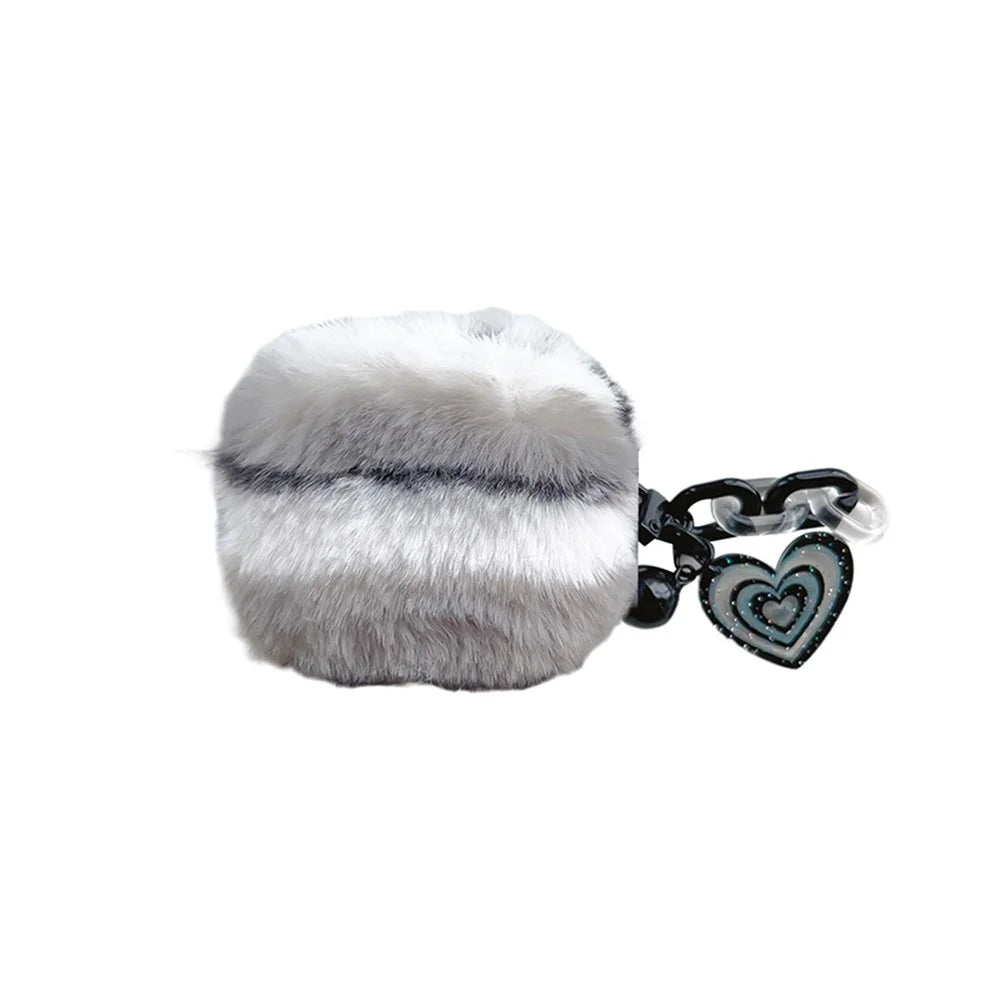 For Apple AirPods 3 Cute Plush Splicing Bluetooth-compatible Earphone Case Winter Protective Cover with Heart Pendant - Black / White - 1