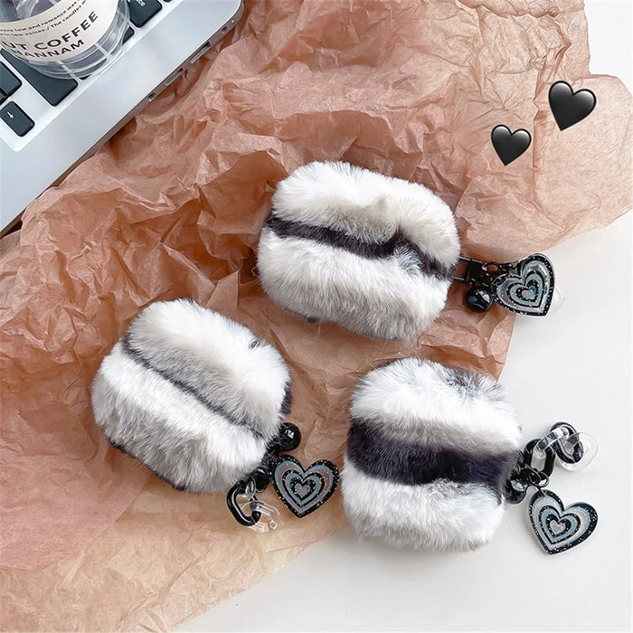 For Apple AirPods 3 Cute Plush Splicing Bluetooth-compatible Earphone Case Winter Protective Cover with Heart Pendant - Black / White - 2