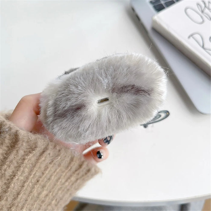 For Apple AirPods 3 Cute Plush Splicing Bluetooth-compatible Earphone Case Winter Protective Cover with Heart Pendant - Black / White - 4