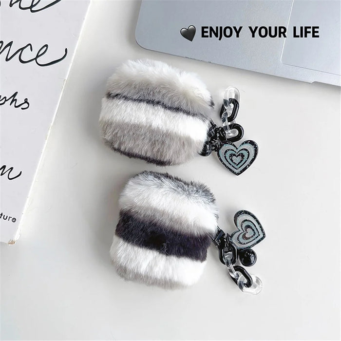 For Apple AirPods 3 Cute Plush Splicing Bluetooth-compatible Earphone Case Winter Protective Cover with Heart Pendant - Black / White - 5
