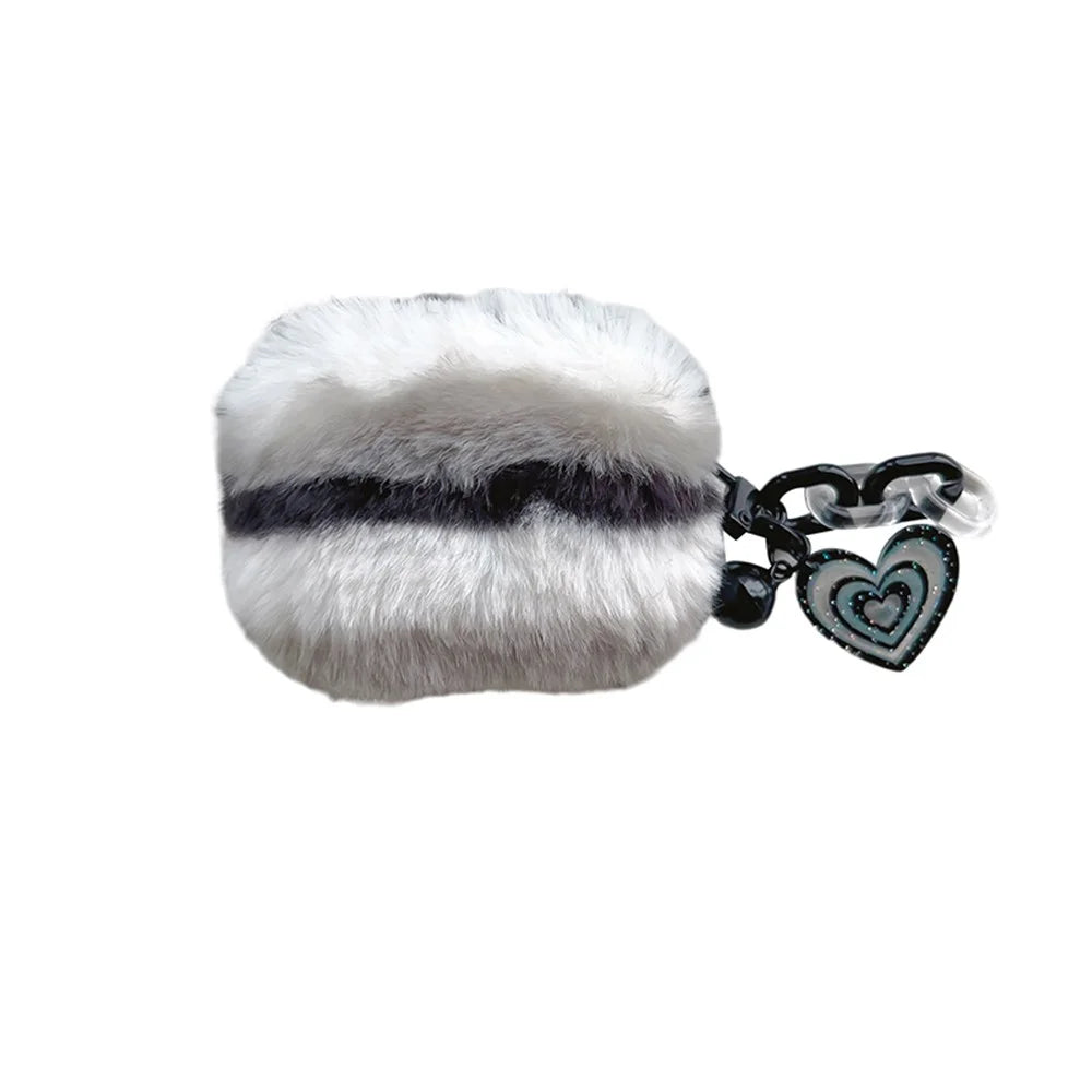 For Apple AirPods Pro Color Splicing Cute Plush Bluetooth-compatible Earphone Case Warm Anti-drop Cover with Heart Pendant - Black / White - 1
