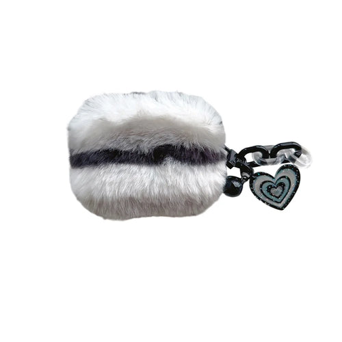 For Apple AirPods Pro Color Splicing Cute Plush Bluetooth-compatible Earphone Case Warm Anti-drop Cover with Heart Pendant - Black / White - 1