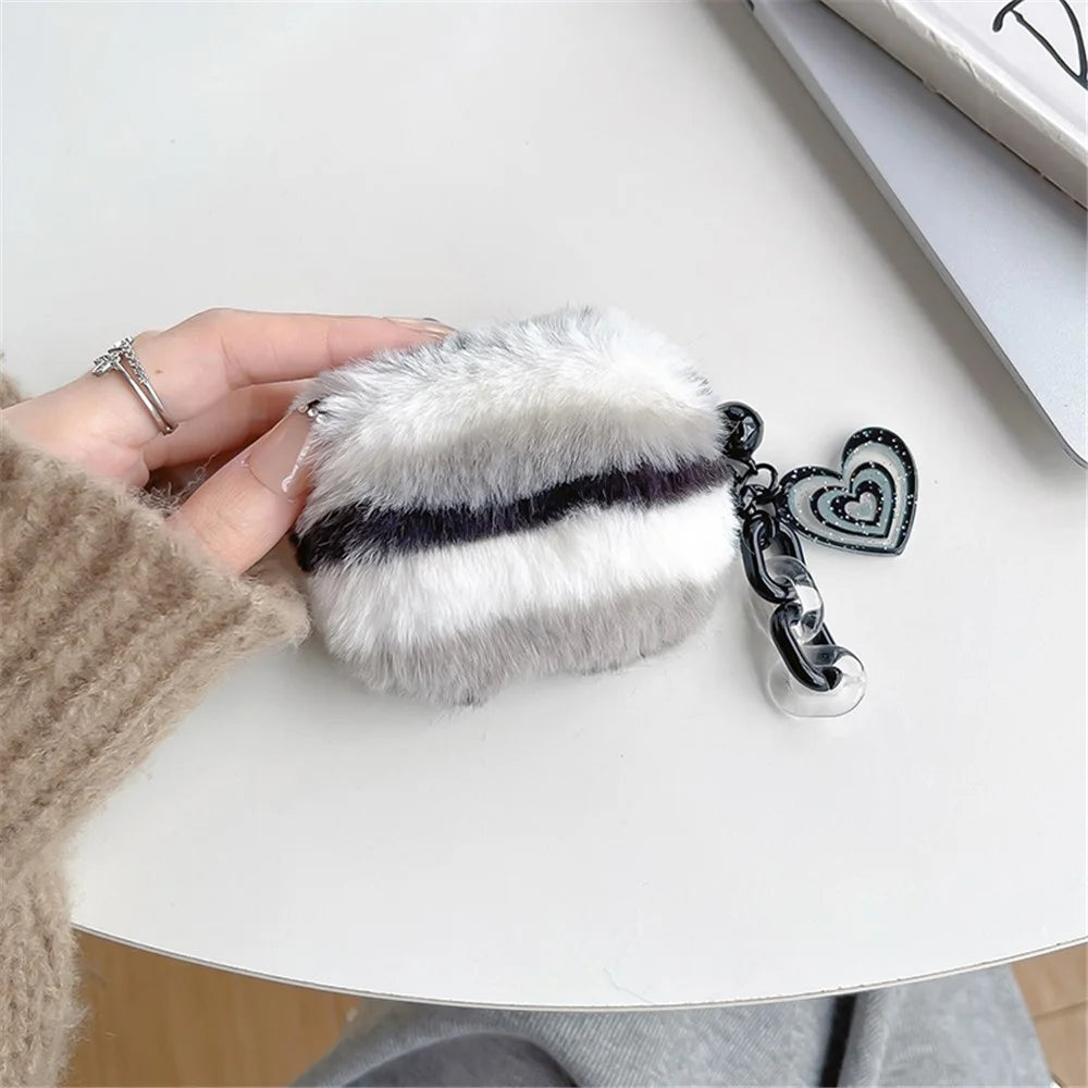 For Apple AirPods Pro Color Splicing Cute Plush Bluetooth-compatible Earphone Case Warm Anti-drop Cover with Heart Pendant - Black / White - 3