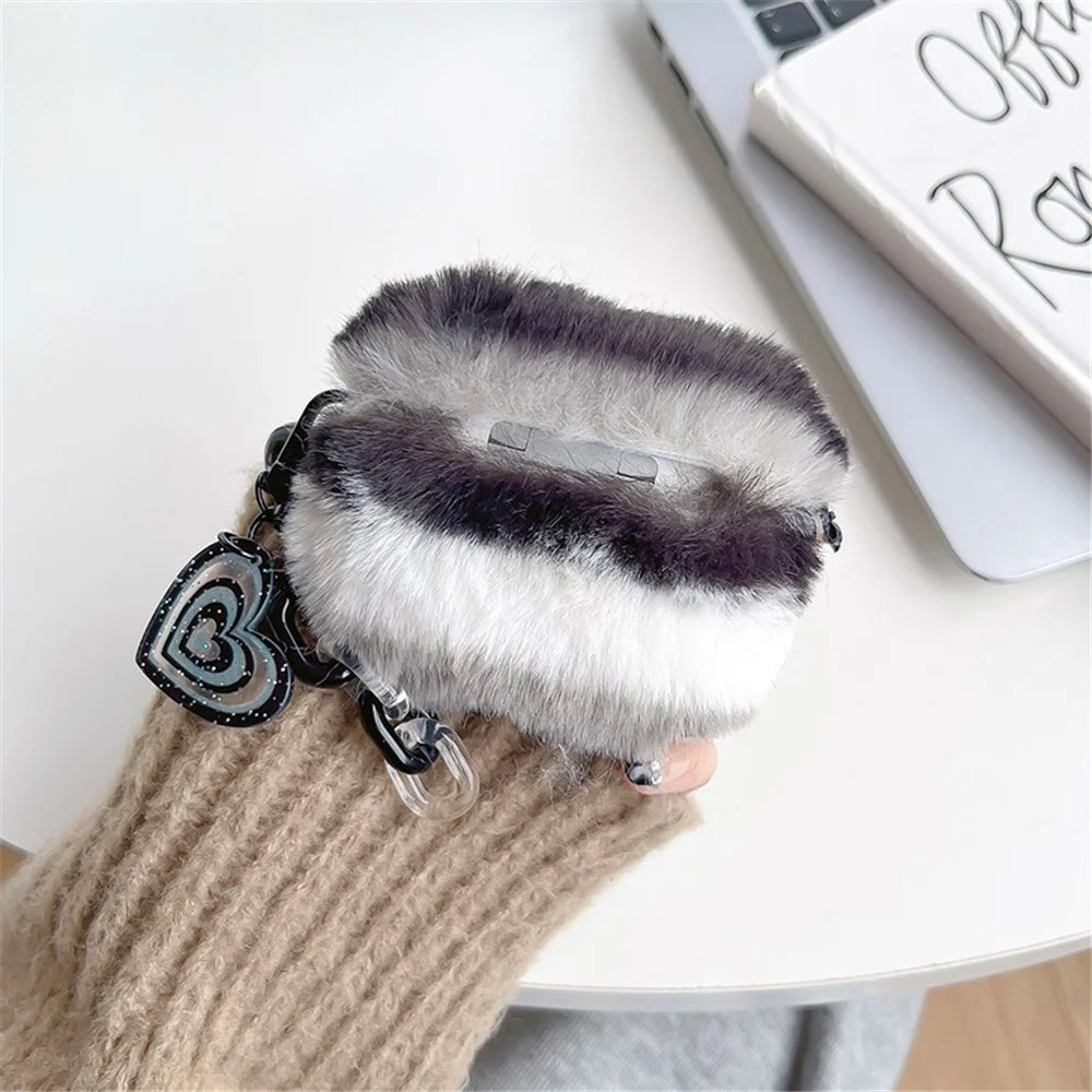 For Apple AirPods Pro Color Splicing Cute Plush Bluetooth-compatible Earphone Case Warm Anti-drop Cover with Heart Pendant - Black / White - 4