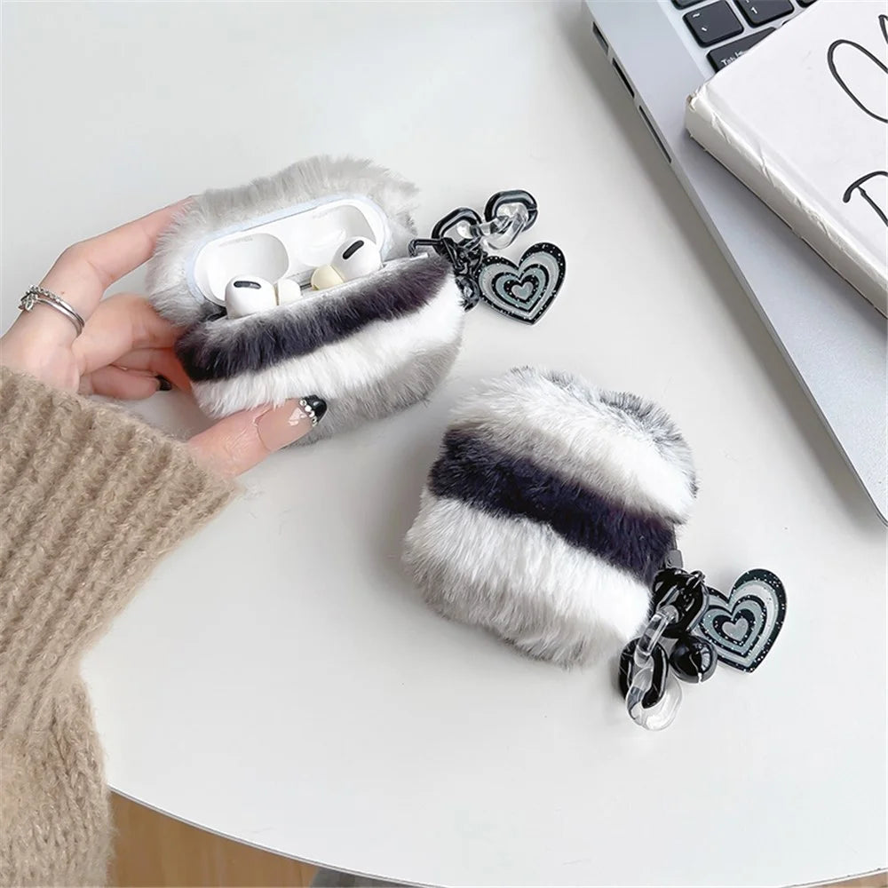 For Apple AirPods Pro Color Splicing Cute Plush Bluetooth-compatible Earphone Case Warm Anti-drop Cover with Heart Pendant - Black / White - 6
