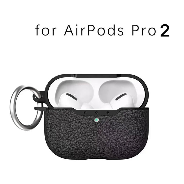 For AirPods Pro 2 Litchi Texture Soft TPU Bluetooth-compatible Earphone Case Ultra-thin Protective Cover with Ring Buckle - Black - 7