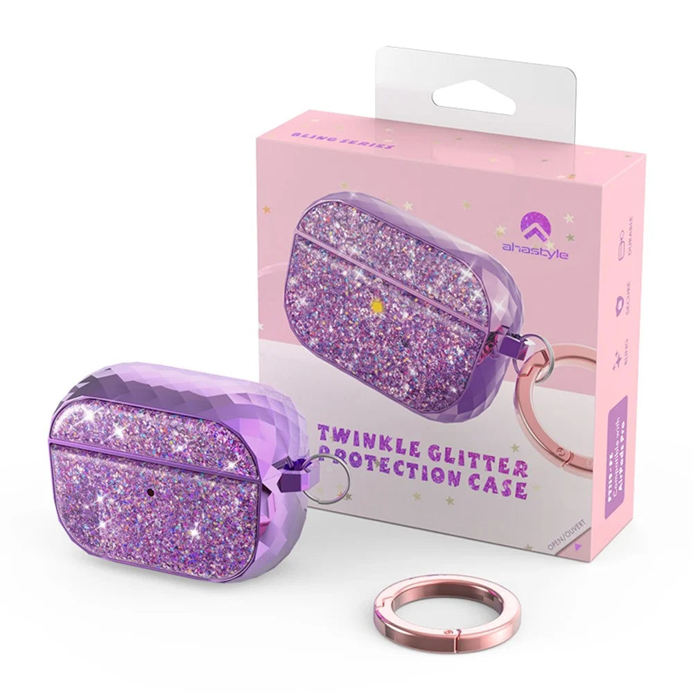 AHASTYLE PT119-PRO for Apple AirPods Pro 2 Twinkle Glitter Earbud Protective Case Separable ABS Anti-drop Earphone Cover with Carabiner - Purple - 7